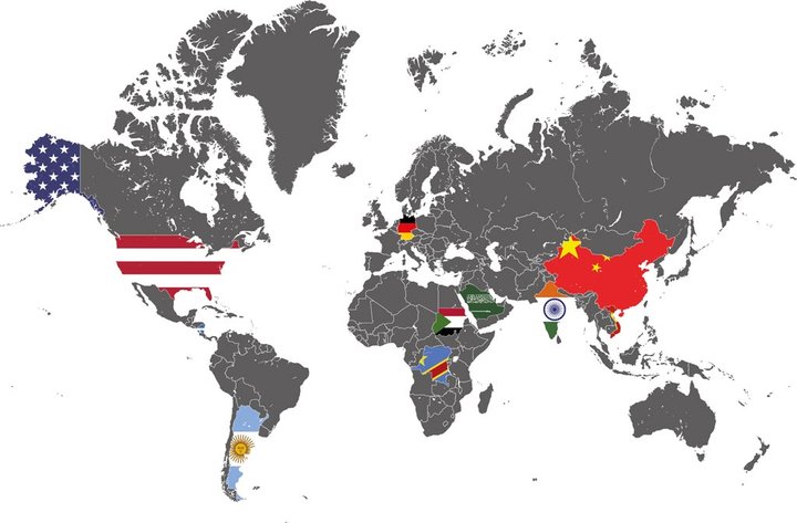 Grafische Darstellung der Welt (Länder), hervorgehoben, die Länder, die im Quiz vorkommen